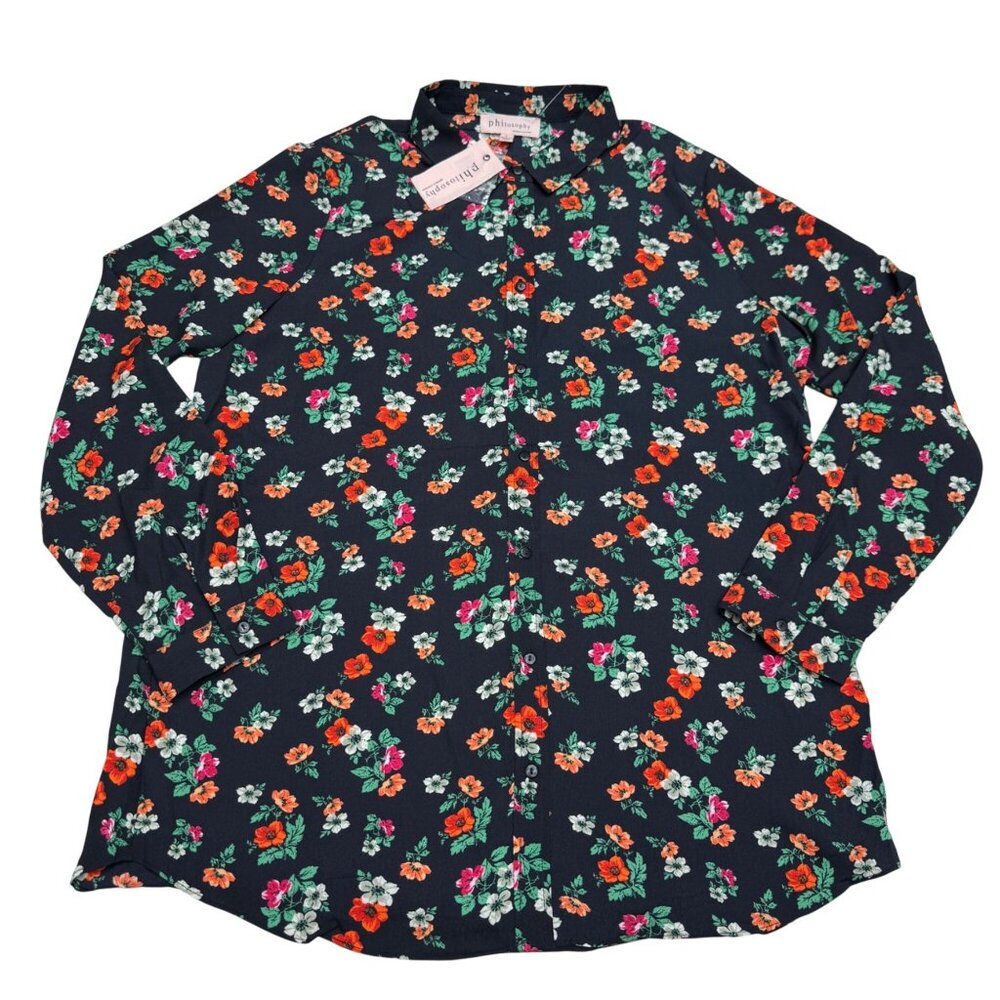 NEW $58 Philosophy Women's Multicolor Floral Print Button-Up LS Shirt, Size L